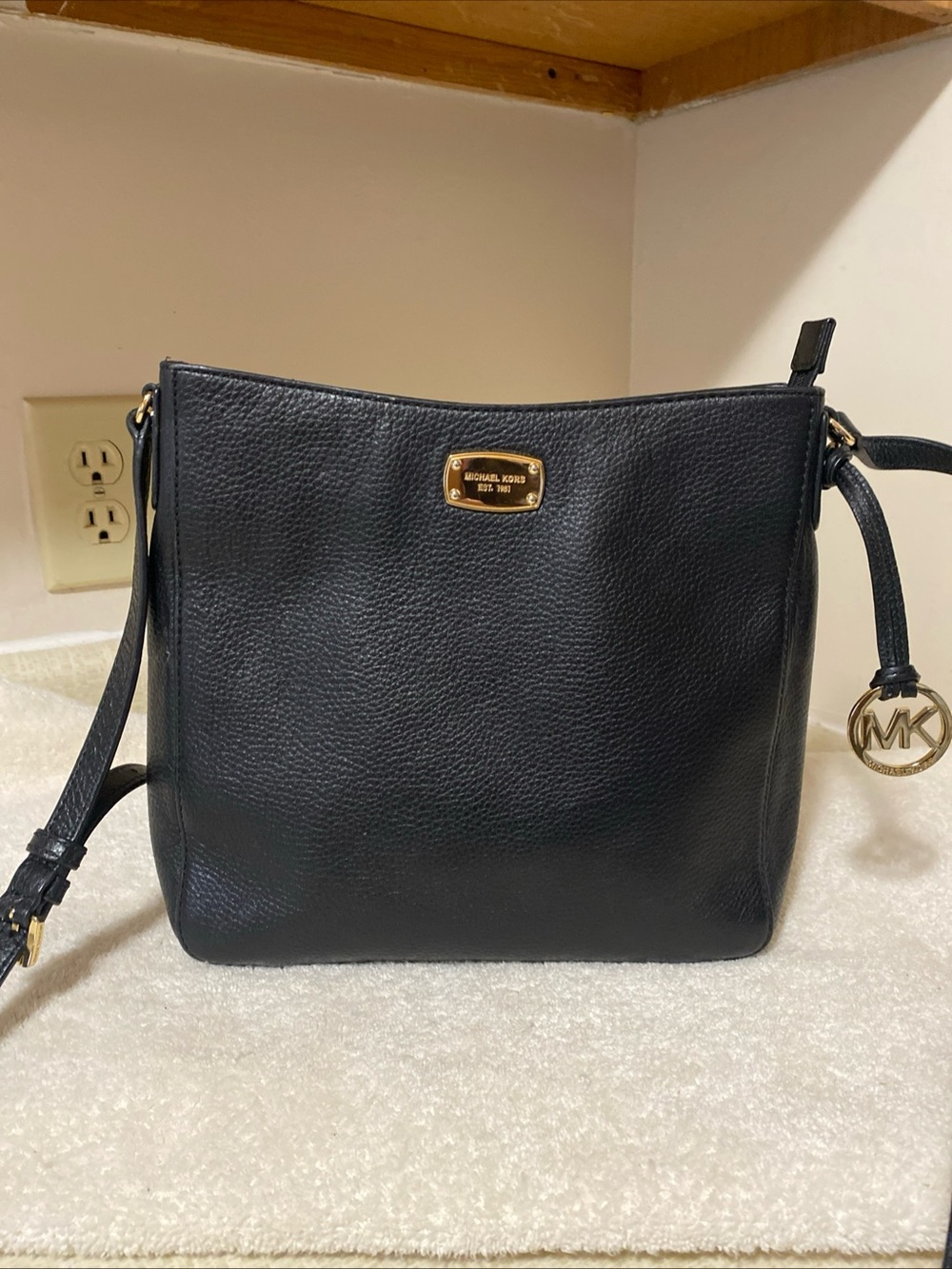 Michael Kors Black Pebbled Leather Messenger Crossbody with Gold Hardware